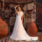 Brief Sleeve Profound Plunge Transparent Bridal Gown