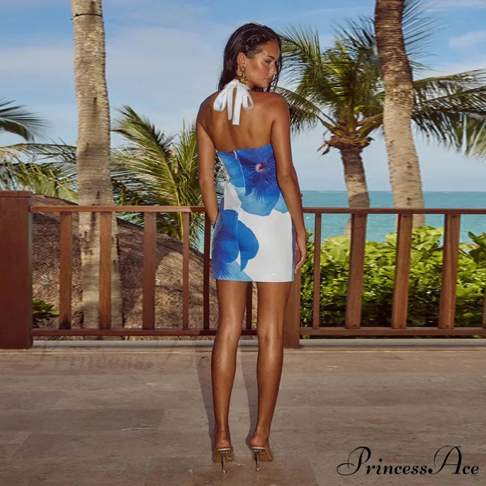 Bright Bead Open-Back Slender Bodycon Flower Pattern Mini Flower Dress