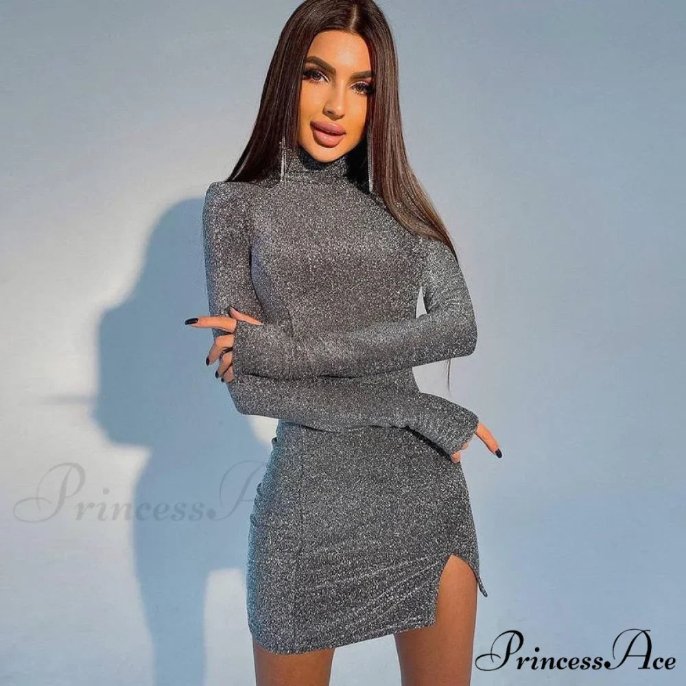Bright Long Sleeve Solid Turtleneck Mini Dress