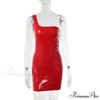 Bright Red Sexy Club One Shoulder Low Cut Tight Rave Festival Christmas Party Dress