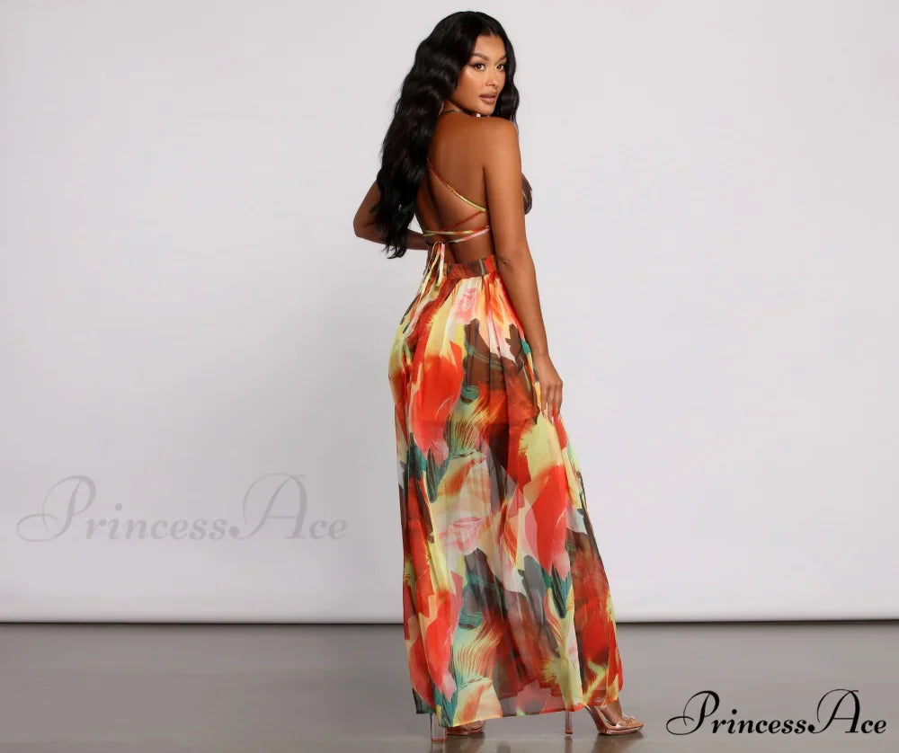 Brighter Vibes Lace-Up Charming Chiffon Maxi Dress