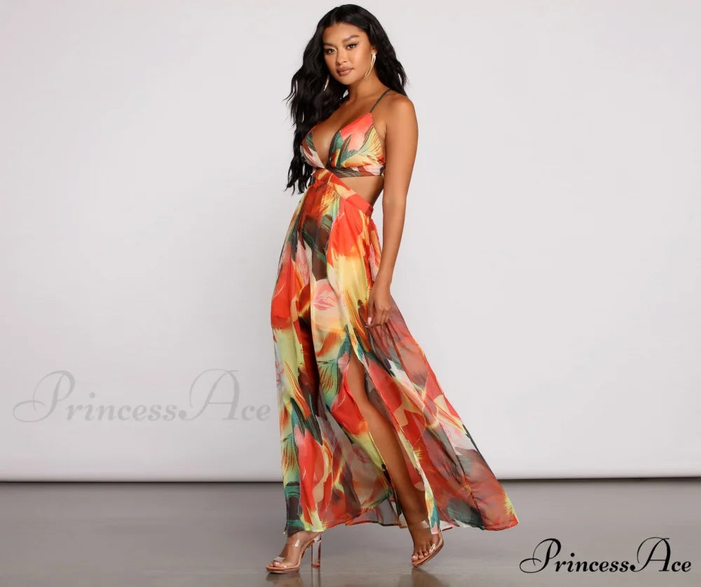 Brighter Vibes Lace-Up Charming Chiffon Maxi Dress