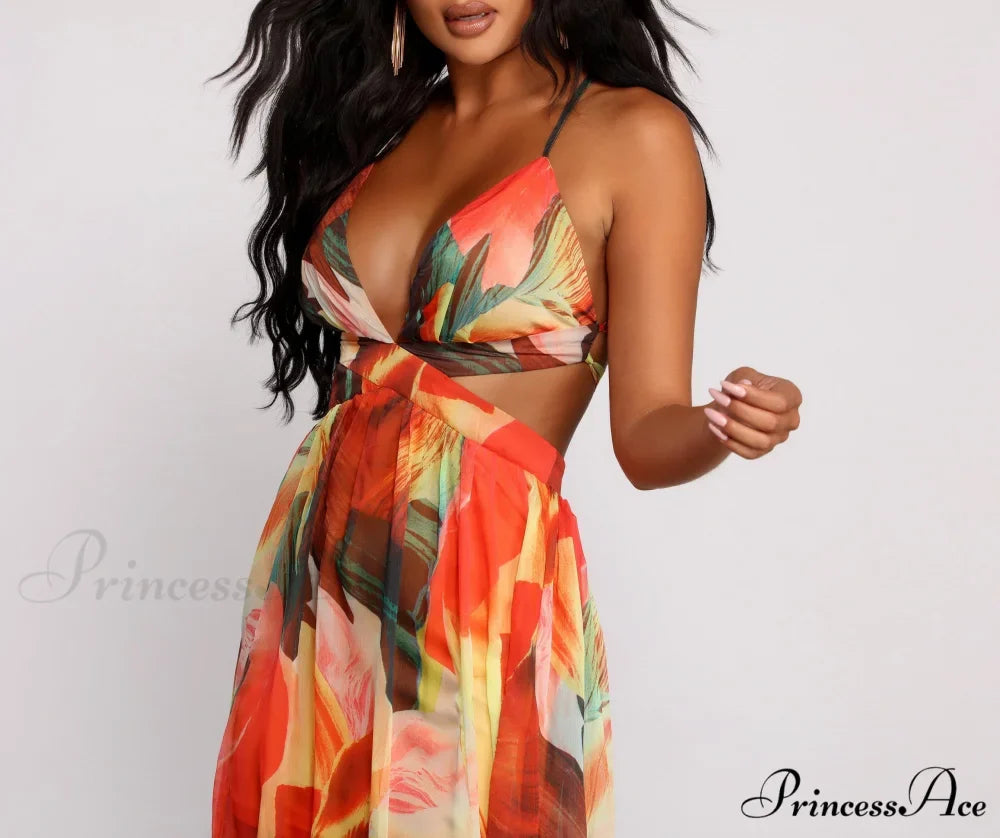 Brighter Vibes Lace-Up Charming Chiffon Maxi Dress