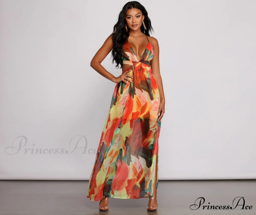 Brighter Vibes Lace-Up Charming Chiffon Maxi Dress