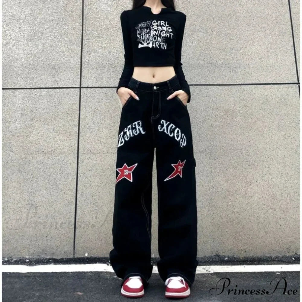 Broad Leg Celestial Body Letter Print Denim Trousers