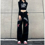 Broad Leg Celestial Body Letter Print Denim Trousers