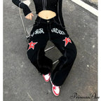 Broad Leg Celestial Body Letter Print Denim Trousers