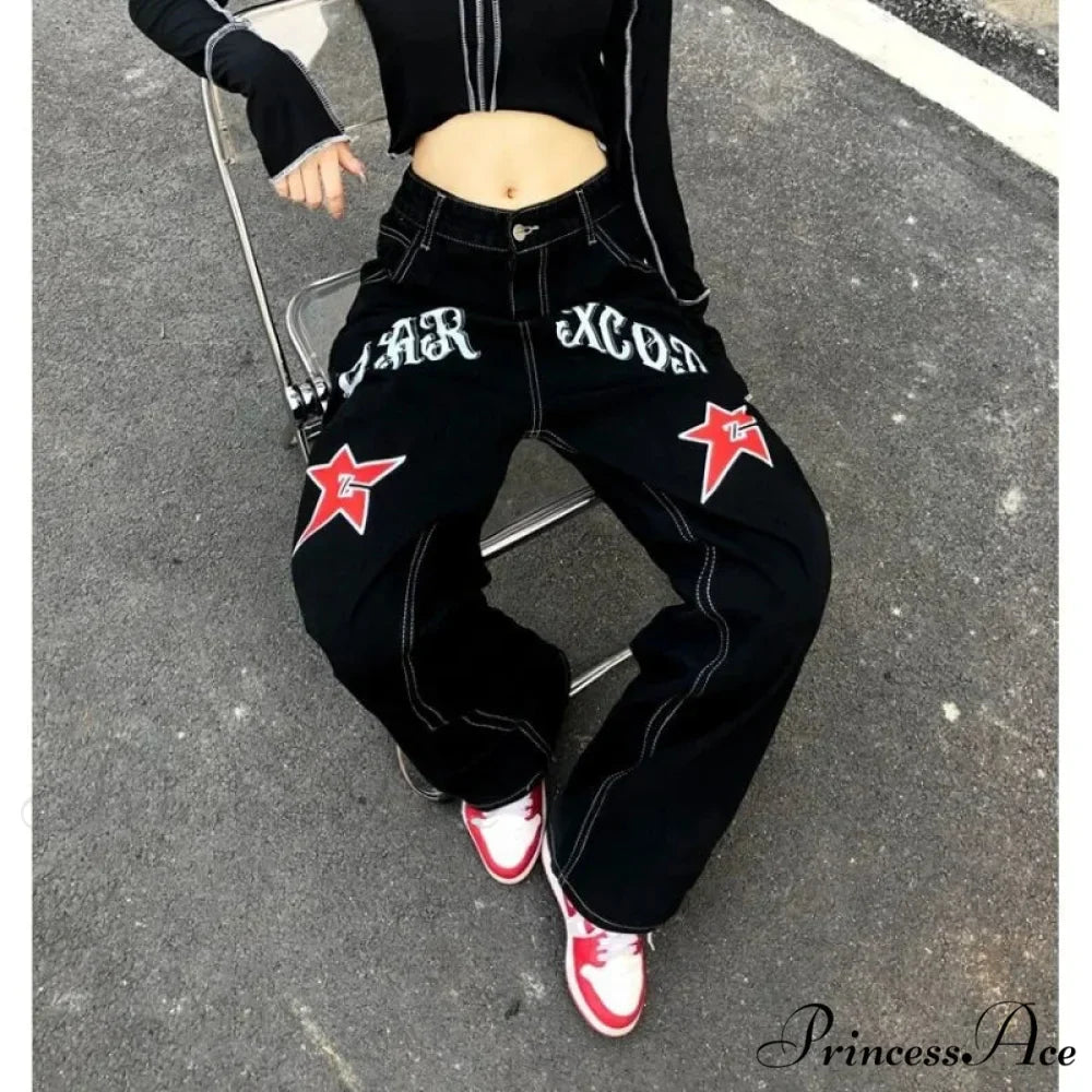 Broad Leg Celestial Body Letter Print Denim Trousers