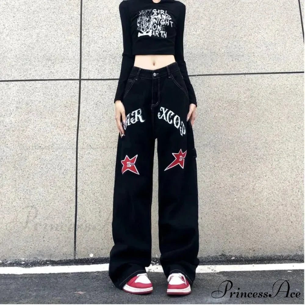Broad Leg Celestial Body Letter Print Denim Trousers