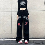 Broad Leg Celestial Body Letter Print Denim Trousers
