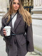 Brown Collar Blazer Cinched Wool Coat