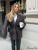 Brown Collar Blazer Cinched Wool Coat