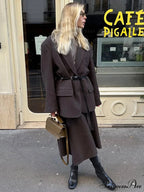 Brown Collar Blazer Cinched Wool Coat