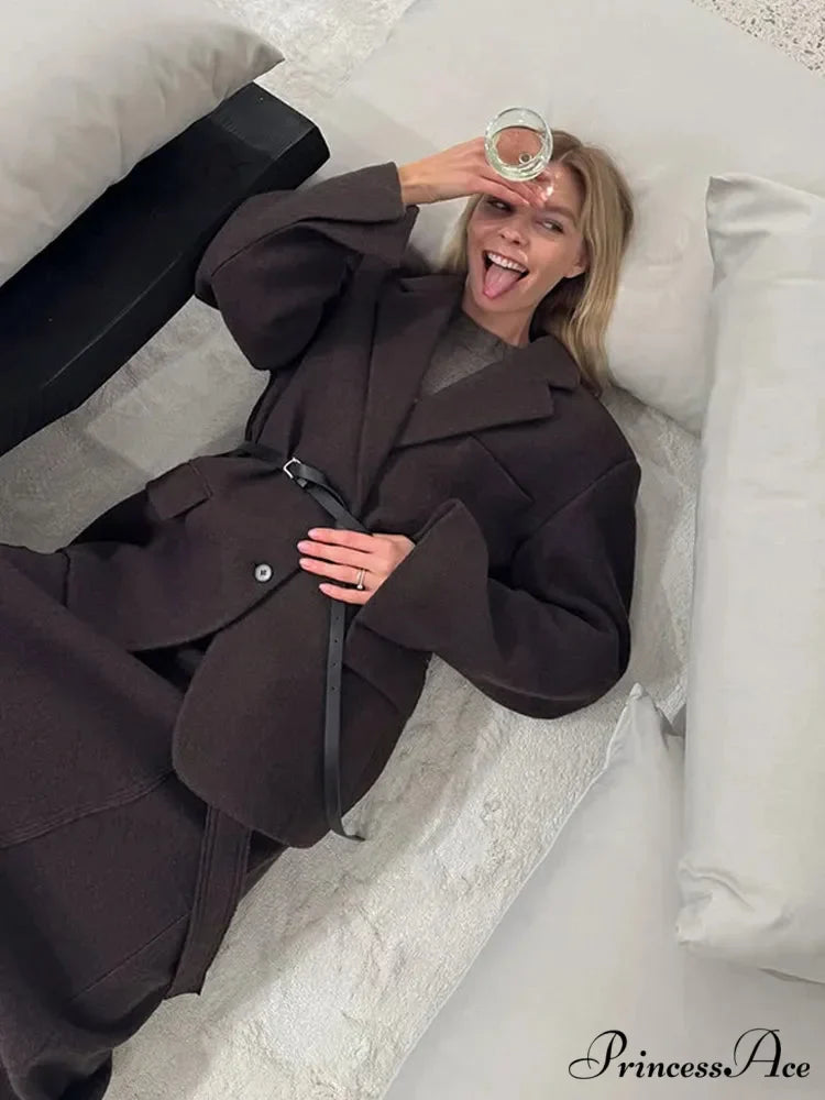 Brown Collar Blazer Cinched Wool Coat