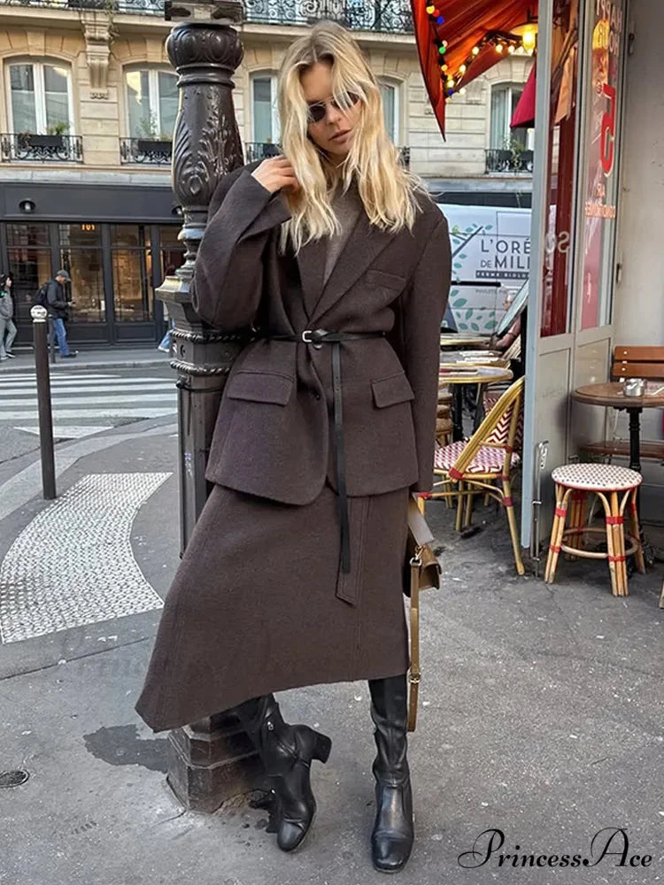 Brown Collar Blazer Cinched Wool Coat