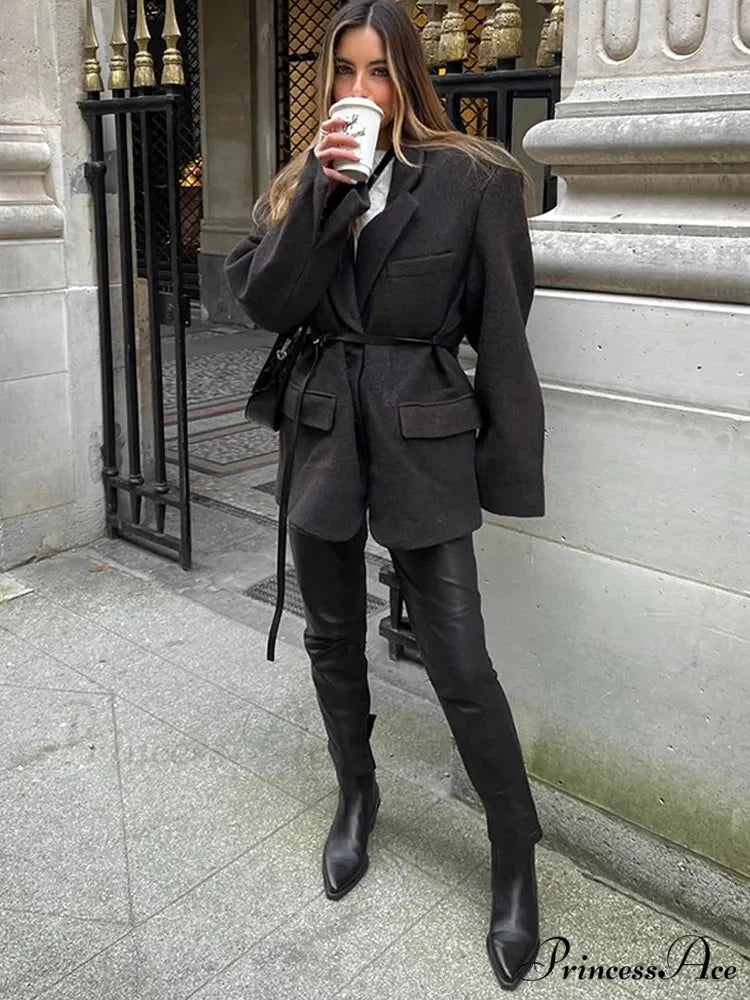 Brown Collar Blazer Cinched Wool Coat