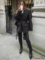 Brown Collar Blazer Cinched Wool Coat