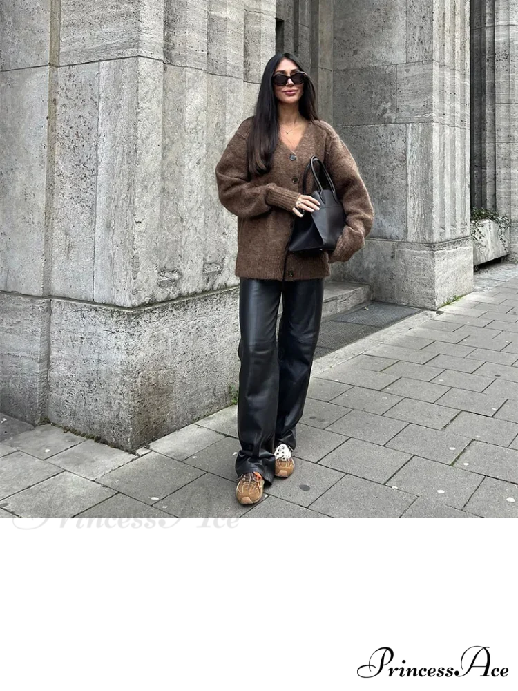 Brown Deep-neck Unmarried Buttoned Cardigan