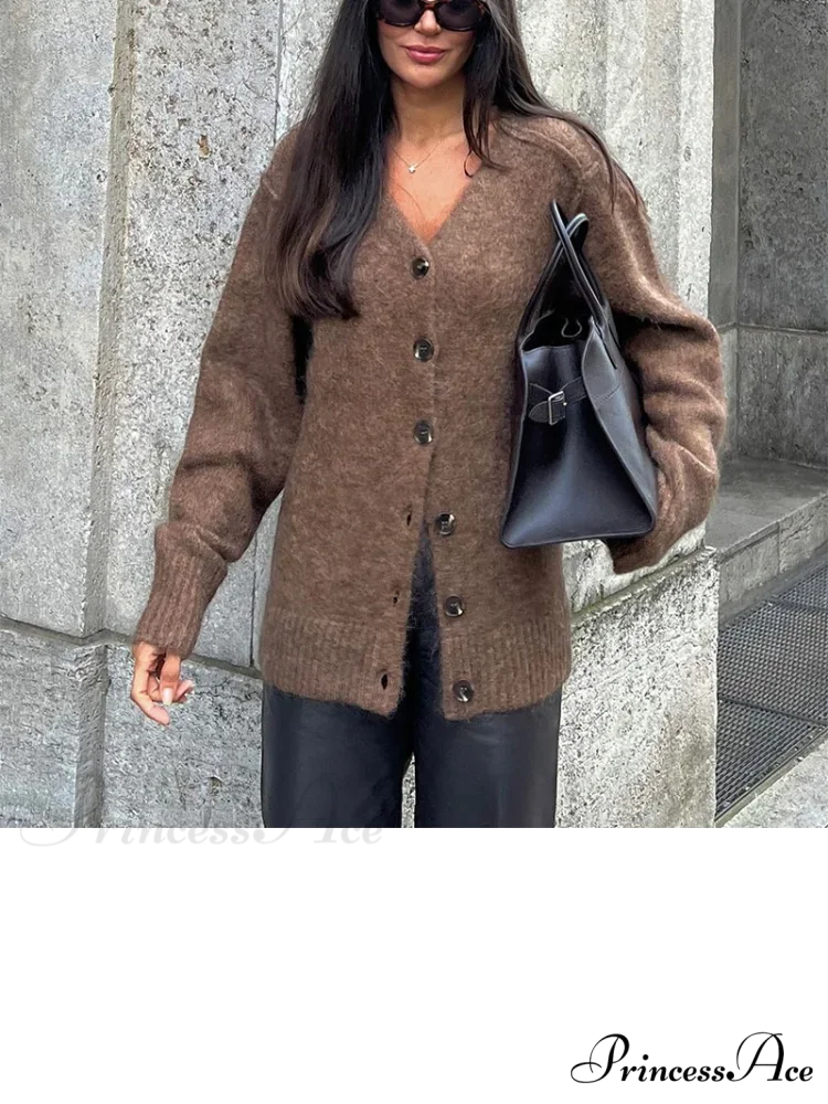 Brown Deep-neck Unmarried Buttoned Cardigan