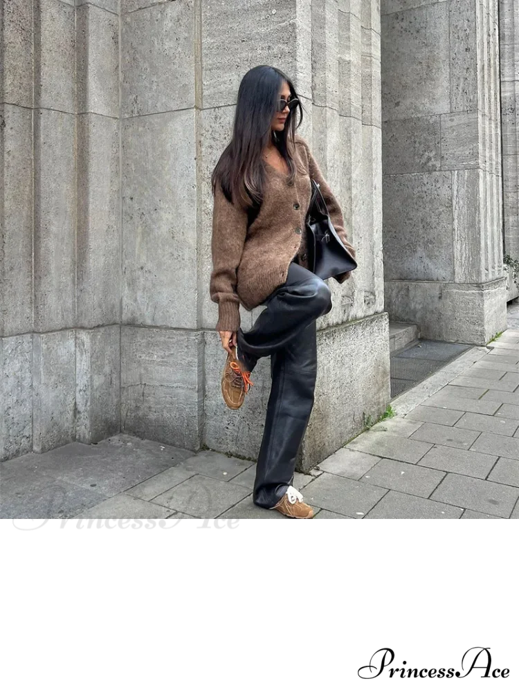 Brown Deep-neck Unmarried Buttoned Cardigan