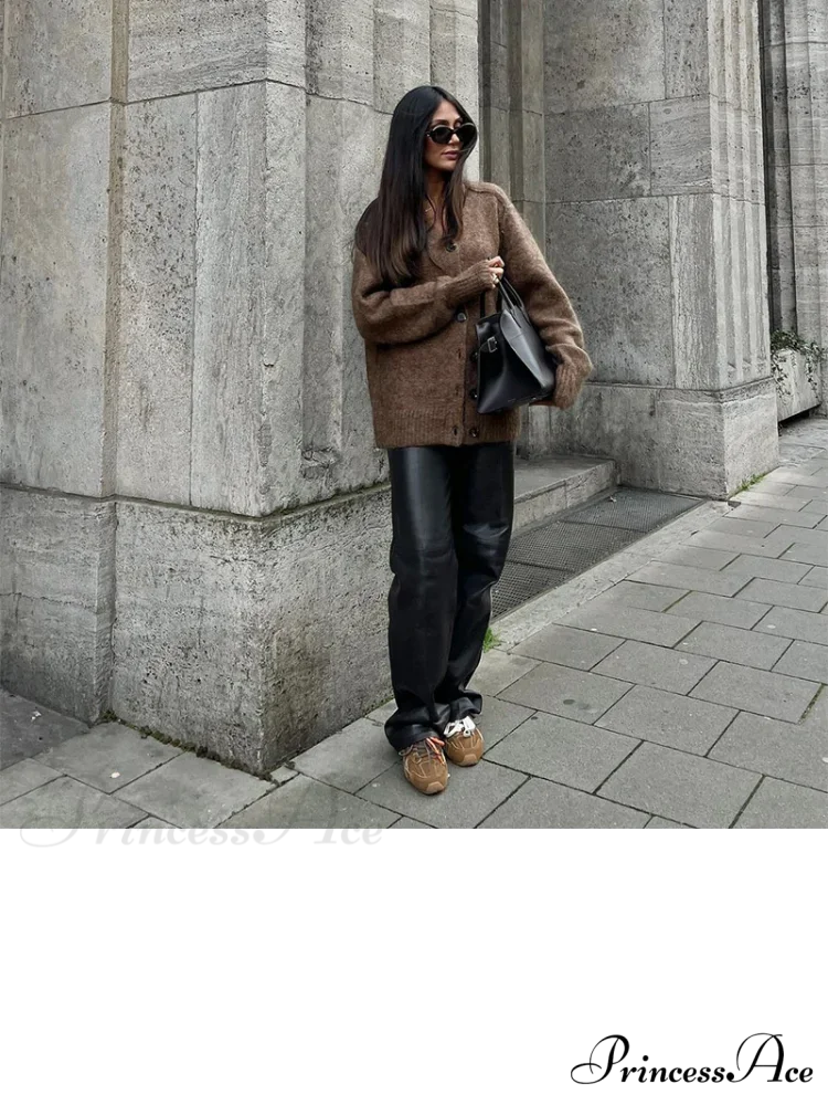 Brown Deep-neck Unmarried Buttoned Cardigan