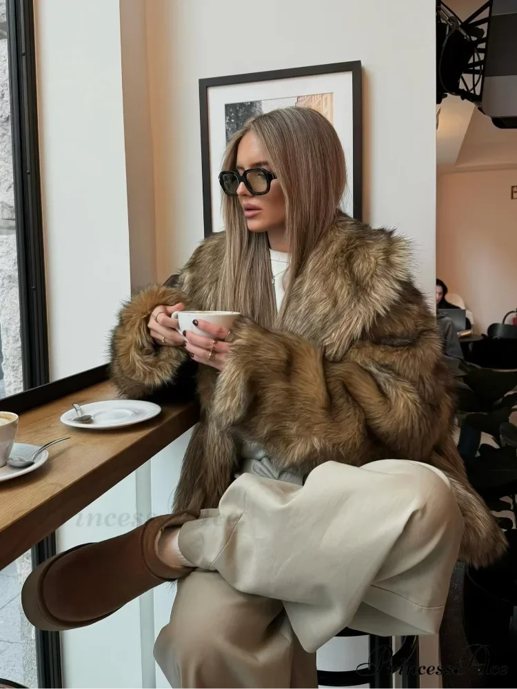 Brown Fluffy Faux Fur Short Coat