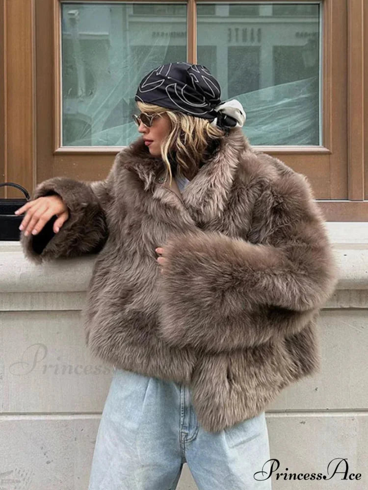 Brown Fluffy Faux Fur Short Coat