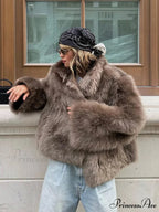 Brown Fluffy Faux Fur Short Coat