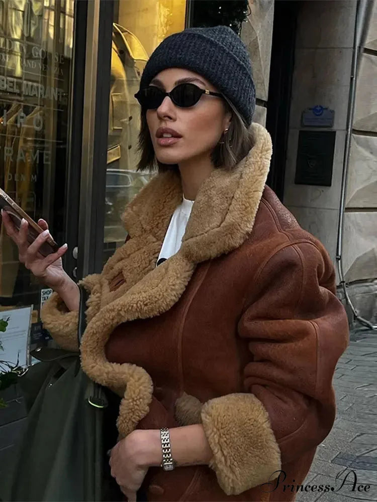 Brown Lamb Wool Blends Upright Collar Coat