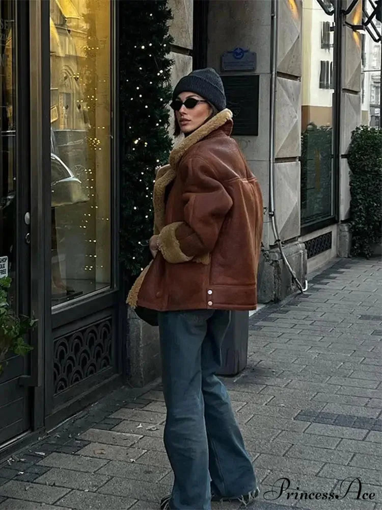 Brown Lamb Wool Blends Upright Collar Coat