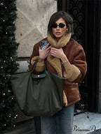 Brown Lamb Wool Blends Upright Collar Coat