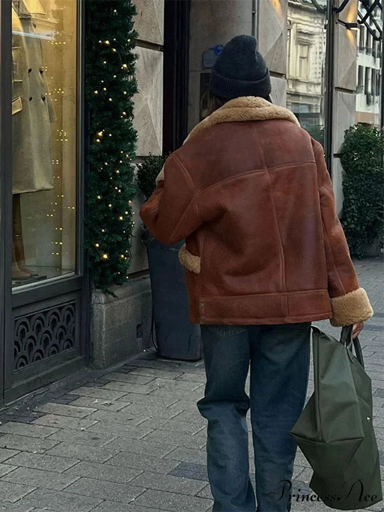 Brown Lamb Wool Blends Upright Collar Coat