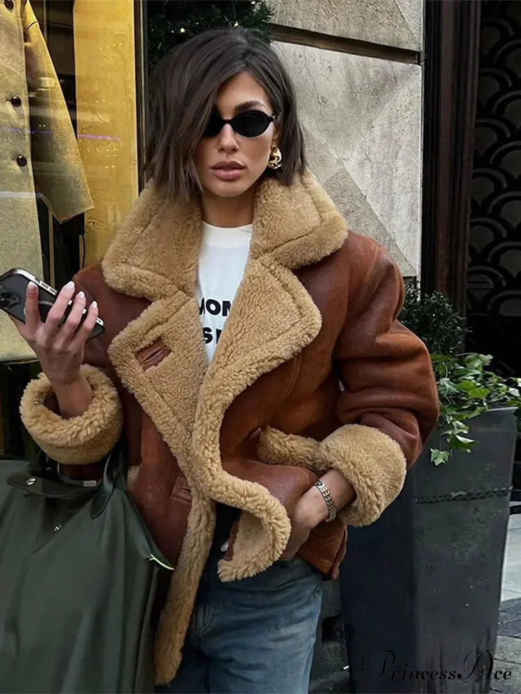 Brown Lamb Wool Blends Upright Collar Coat