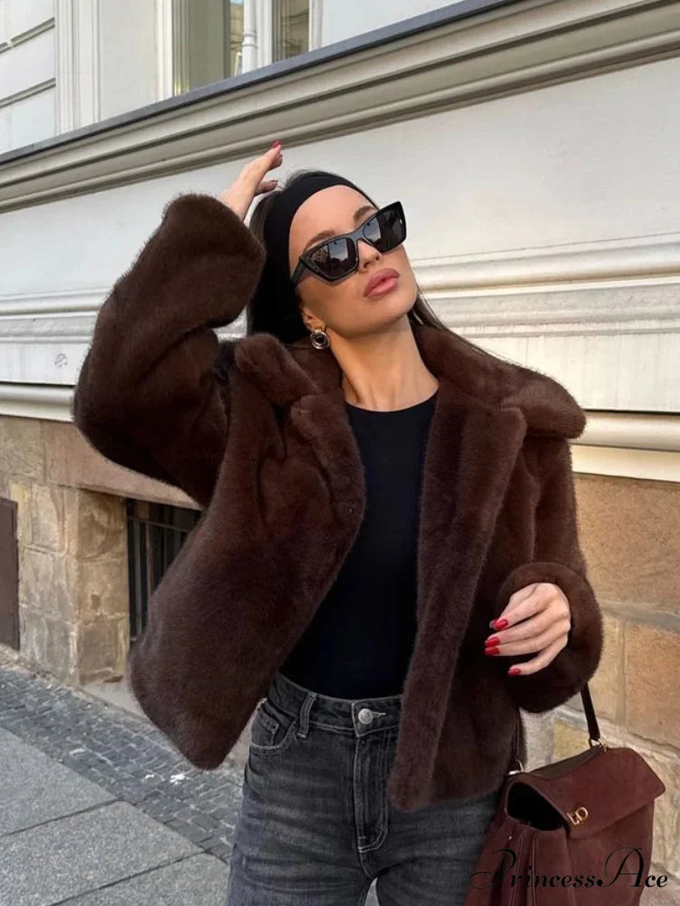 Brown Lapel Faux Fur Cropped Coat
