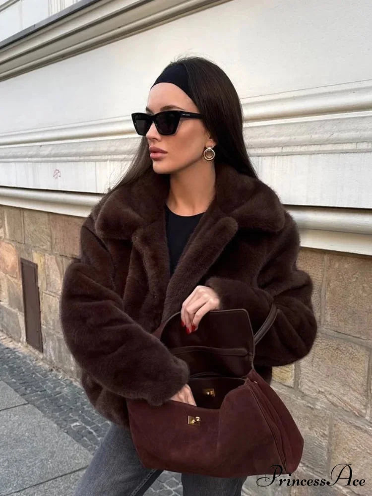 Brown Lapel Faux Fur Cropped Coat