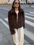 Brown Lapel Faux Fur Cropped Coat