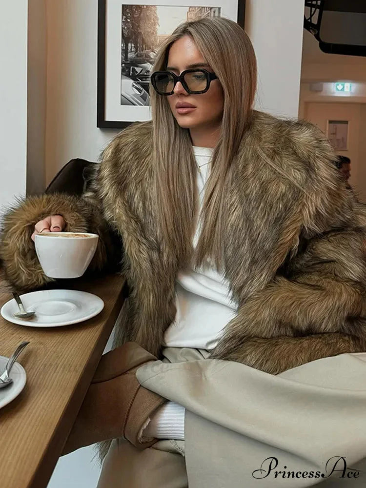 Brown Large Fluffy Lapel Coat