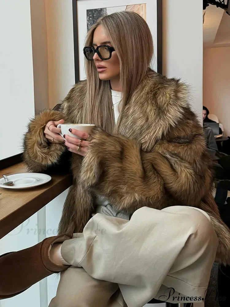 Brown Large Fluffy Lapel Coat