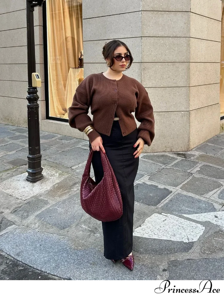 Brown Round Neck Baggy Cardigan