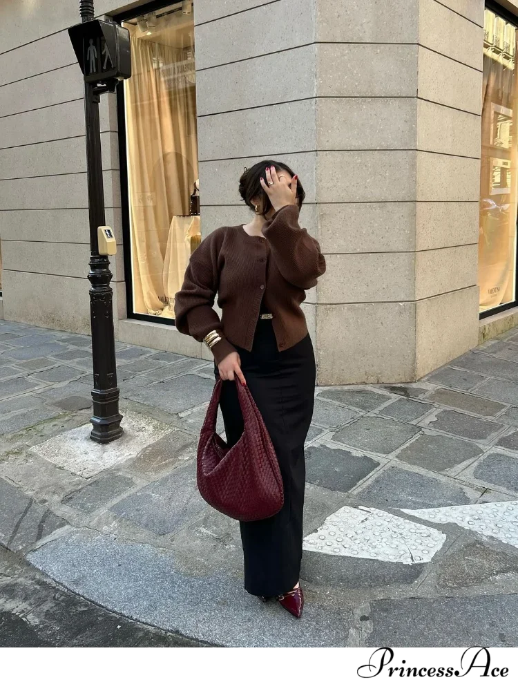 Brown Round Neck Baggy Cardigan