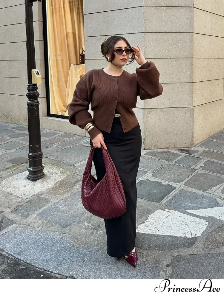 Brown Round Neck Baggy Cardigan