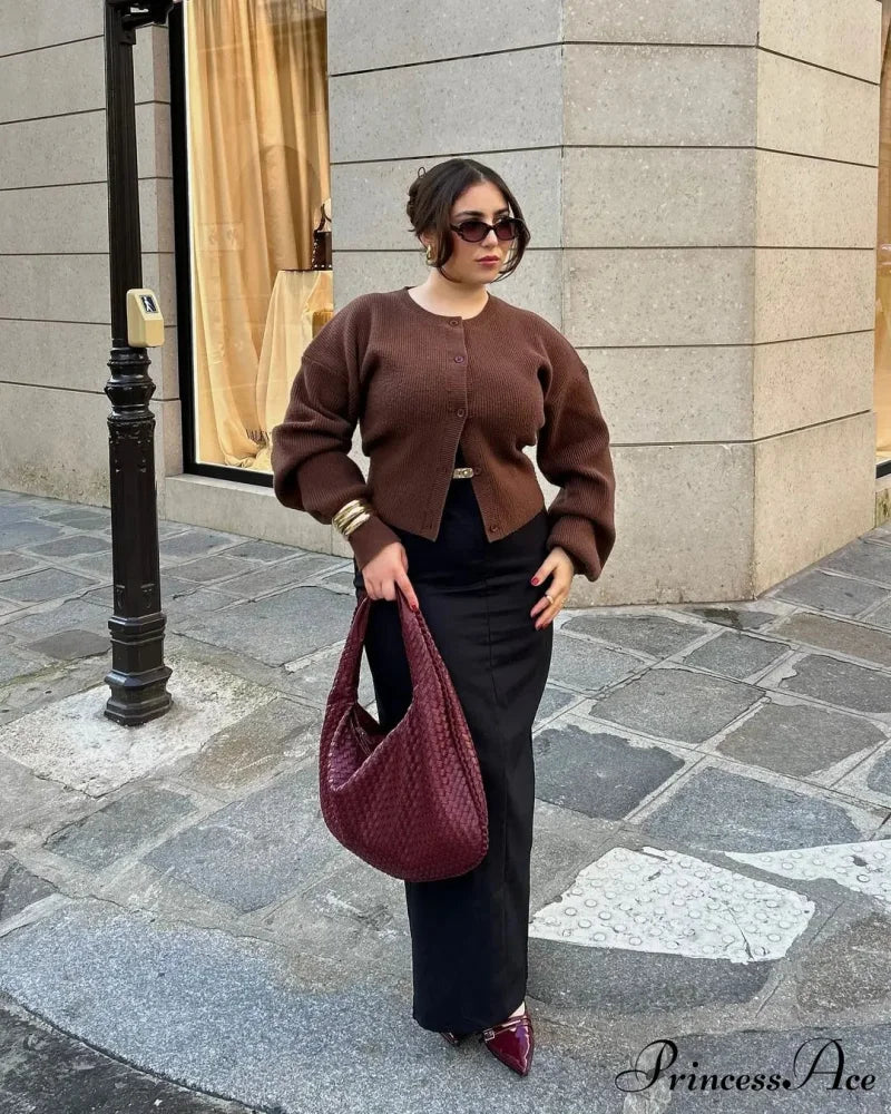 Brown Round Neck Baggy Cardigan