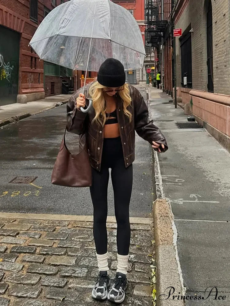 Brown Shortened Collar Leather Jacket