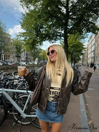 Brown Shortened Collar Leather Jacket