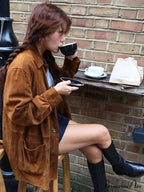 Brown Stand Collar Suede CoatModified Output: Tan Upright Neck Suede Jacket