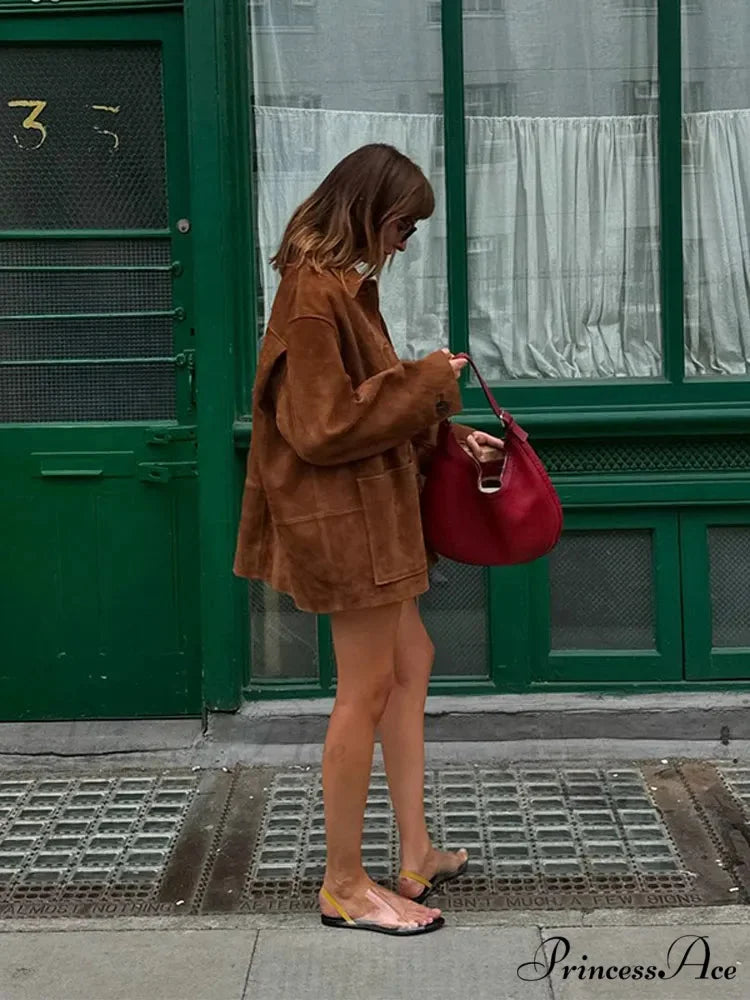 Brown Stand Collar Suede CoatModified Output: Tan Upright Neck Suede Jacket