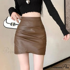 Brown Synthetic Leather Narrow Fit Skirt