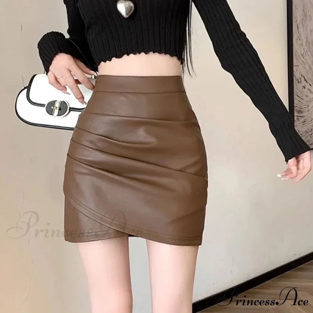 Brown Synthetic Leather Narrow Fit Skirt