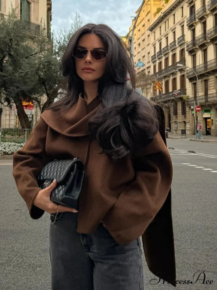 Brown Woolen Circular Neck Scarf Jacket