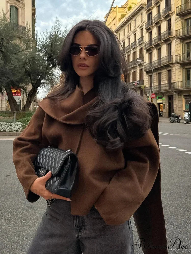 Brown Woolen Circular Neck Scarf Jacket